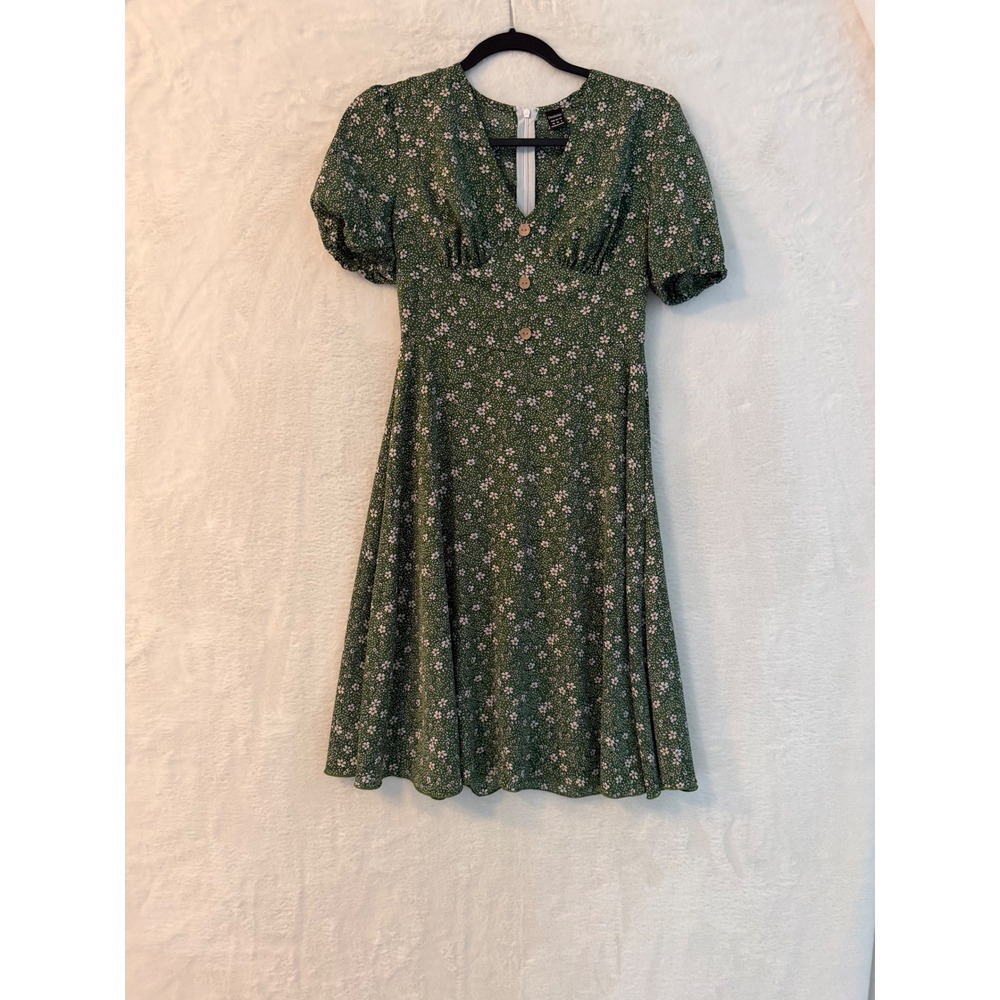 Dreimp Green Floral‎ Ditsy Print V-Neck Puff Sleeve Mini Dress Size XS 2